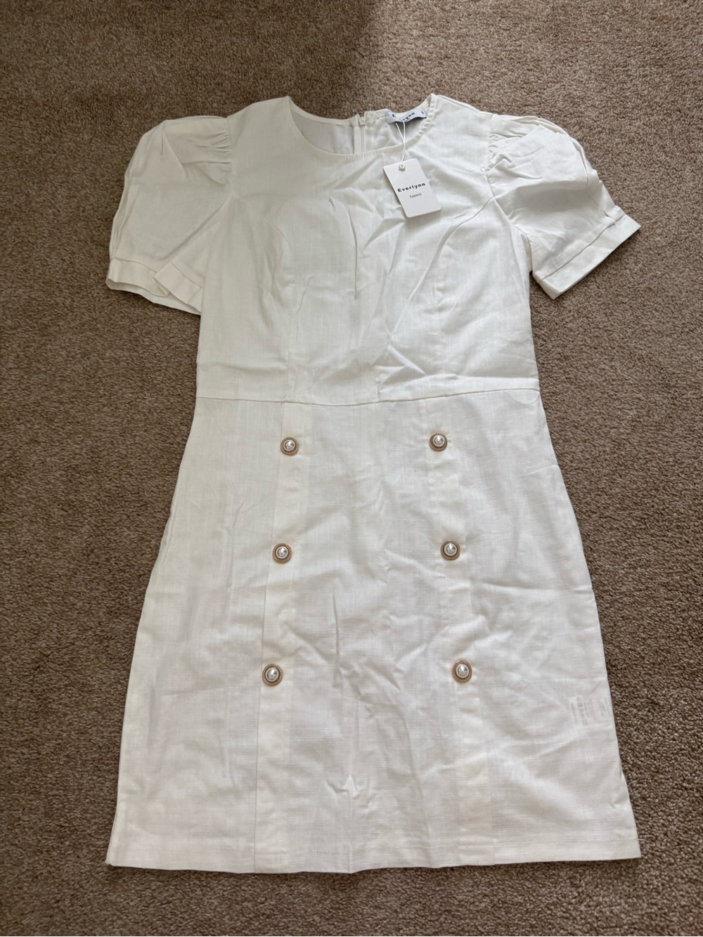 Cream Short-Sleeve Mini Dress with Pearl Buttons